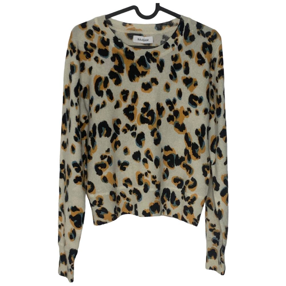 Naadam Leopard Print Cashmere Crewneck Sweater White Orange Blue Small